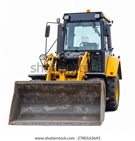 A yellow front-end loader with a large metal bucket, used for construction and earthmoving, isolated on a white background.