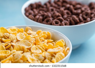 Yellow Frosted Corn Flakes And Chocolate Rings Bowl For Dry, Cereals Breakfast 