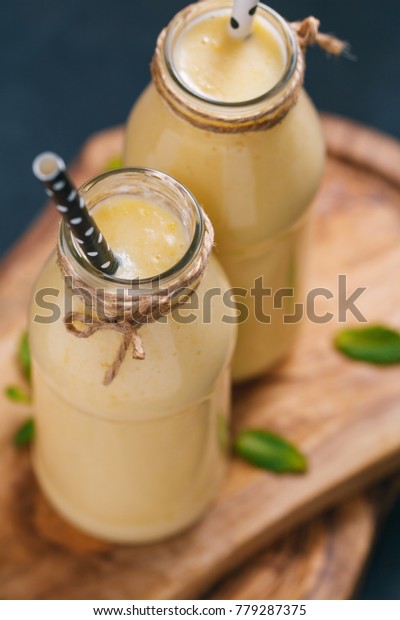 Yellow Fruit Smoothie Glass Bottles Straw Stock Photo Edit Now