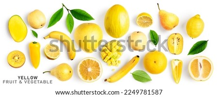 Yellow fruit and vegetable mix collection. Melon, pomelo, nashi, pear, banana, grapefruit, mango, lemon, kiwi, pepper isolated on white background. Creative layout. Flat lay, top view. Design element