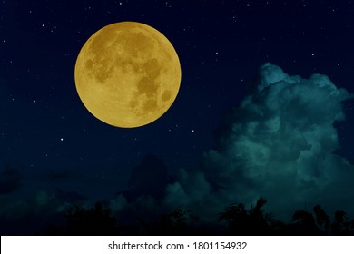 Yellow Full Moon On Blue Sky.