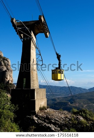 Yellow funicular in Montserrat Monastery in the mountains near Barcelona, Catalonia,Spain.Montserrat. Spanish landscape against background of mountains with shadows. Funicular in Montserrat, funicular