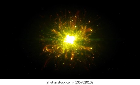 Yellow Futuristic Space Particles  In Bright Round Energy Structure. Space Orb VFX Design Element. Abstract Colorful Lights Background Animation Energy Ray Of Power Electric Magnetic.