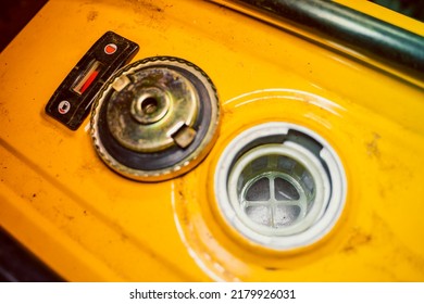 Yellow Gas Tank Of A Gas Generator With An Open Filler Neck. Fuel Filter Mesh