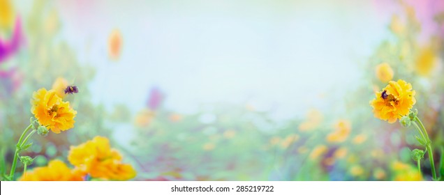 Yellow Geum Flowers And Bumblebee On Blurred Summer Garden Or Park Background, Banner For Website