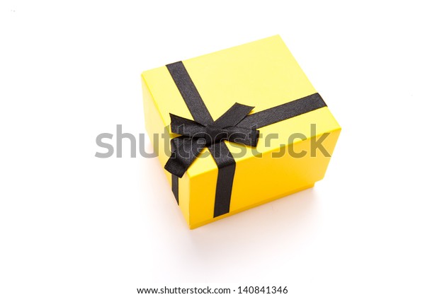 Yellow Gift Box Black Ribbon On Stock 