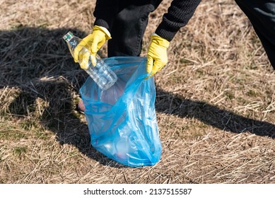 Yellow Gloves Of Nature Activist Hands Hold Empty Plastic Bottle And Put It In The Blue Trash Bag