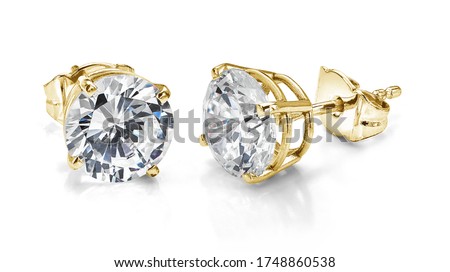 Yellow Gold Diamond Earrings Isolated on White Background 