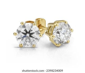 Yellow Gold Diamond Stud Earrings. Front and Side View of Solitaire Diamond Earrings Isolated on a White Background. 
