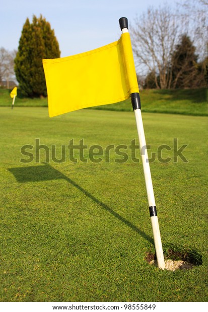Yellow Golf Flag\
in Hole on Golf Course\
Green