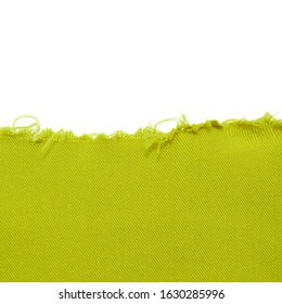 Yellow green background with torn ragged edge. Frame isolated on a white background. Fabric texture, sewing material, torn cloth. Cut piece of fabric. Template, background, empty space.