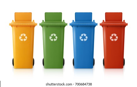 yellow, green, blue and red recycle bins with recycle symbol isolated on white background