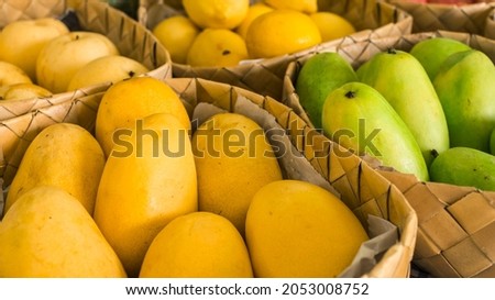 Yellow and green mangoes, gold apple pears and lemons neatly arranged, for sale at a small fruit stall at a market.