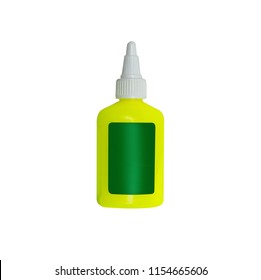 Yellow, Green Plastic PVA Glue Bottle.  Isolated On White.