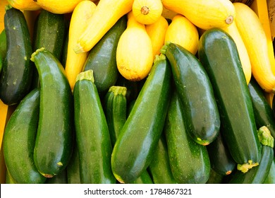 Yellow And Green Zucchini Summer Squash At The Farmers Market