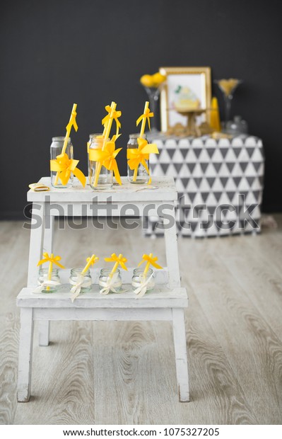 Yellow Grey Birthday Party Decoration Holidays Stock Image