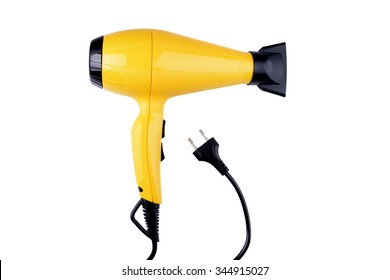yellow  hairdryer on white background