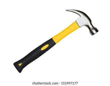 Yellow hammer with black rubber handle isolated on white