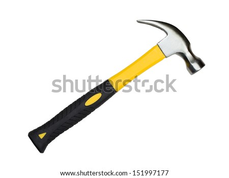 Yellow hammer with black rubber handle isolated on white
