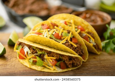 yellow hard shell tacos  on cutting board - Powered by Shutterstock