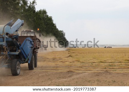 Yellow harvested field edge and Linen harvester combine with trailer drive on dusty road , linum harvesting equipment at summer day