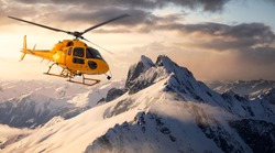 Yellow Helicopter Flying Over The Rocky Mountains During A Sunny And Dramatic Sunset. Aerial Landscape From British Columbia, Canada Near Squamish And Vancouver. Extreme Adventure Composite