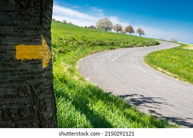 Yellow Hiking Trail Sign Arrow In Baselland In Spring