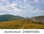 Yellow hills with grass and autumn forests. View of beautiful hills with yellow grass and hiking trail with hikers. Landscape with autumn hills and steppe grass