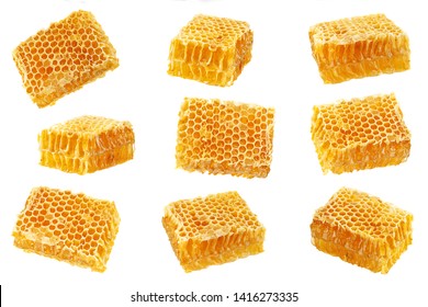 Yellow Honeycomb slice set closeup isolated on white background