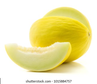 Yellow honeydew melon cut open with separated slice isolated on white background without seeds
