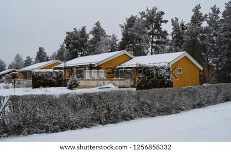 Yellow house in snowy and winter season - garden - exterior - Norway 