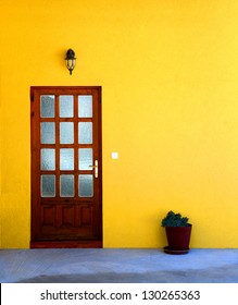  Yellow House Wall With Door And Flower Pot / Door