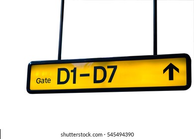 Yellow illuminated sign at airport with gate number for departing flights isolated on white background - Powered by Shutterstock