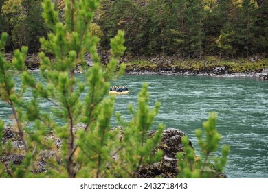A yellow inflatable rubber boat with rafters in blue life jackets and yellow helmets are rafting on a turquoise mountain river surrounded by pine forests and rocks. Water tourism in the wild.
