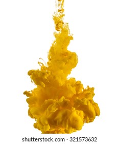 Yellow Ink Drop Flowing In Water, Isolated On White