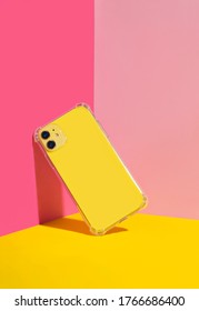 Yellow IPhone In Clear Phone Case, Bright And Colorful Phone Case Mock Up 