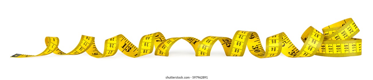 yellow isolated metric measuring tape on white panorama background - Shutterstock ID 597962891