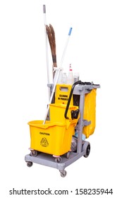 Yellow Janitor Cart. Isolated Over White Background.