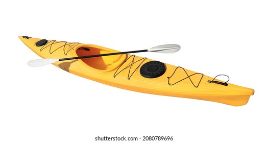 Yellow kayak with paddle isolated on white. Outdoor activity 