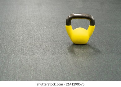 Yellow Kettlebell Weight Healthy Concept, For Workout Equipment In Bodybuilding From Power Training, Bright Raining. Pace Pound Fitness, Physical Dumbbell Black Fresh Black Background Object