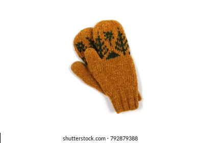 Yellow Knitted Mittens. Handmade. Isolated. View From Above.