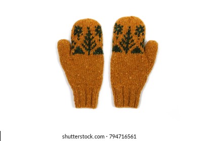 Yellow Knitted Mittens. Handmade. Isolated. View From Above.