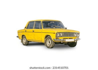 Yellow Lada 2106 car isolated, old Soviet epoch auto, retro car on white background. Aged vintage colored automobile