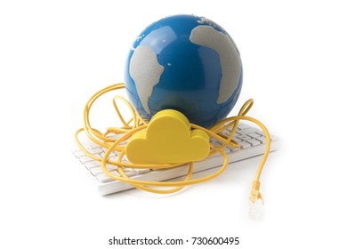 yellow lan wire with cloud storage and global world blue isolate