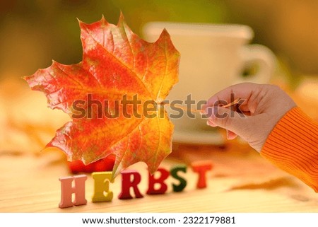 yellow leaf in female hand, tea, coffee in mug on the table in garden, colored letter words, concept of happy Thanksgiving, outdoor tea drinking, good weather, a cozy autumn mood