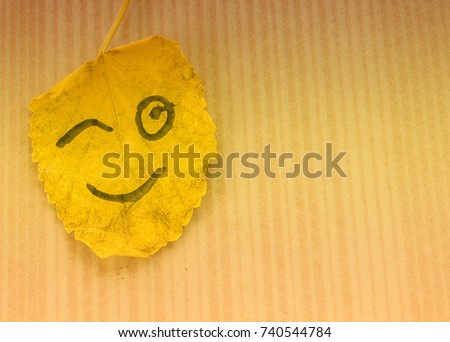 Yellow leaf with an image winking on an orange background