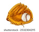 A yellow leather baseball glove with a white baseball caught inside, isolated on a white background.