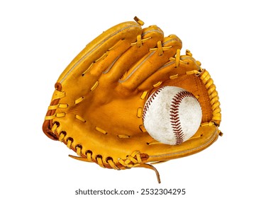 A yellow leather baseball glove with a white baseball caught inside, isolated on a white background. - Powered by Shutterstock