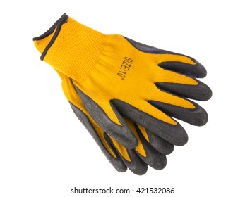 Yellow leather work gloves isolated on white background