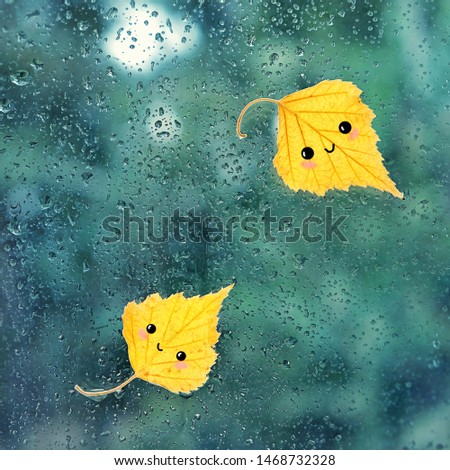 yellow leaves with cute faces on wet glass window, raindrops texture. autumn leaves of funny cartoon characters, minimal kawaii style. autumn background. symbol of fall time. rainy weather concept